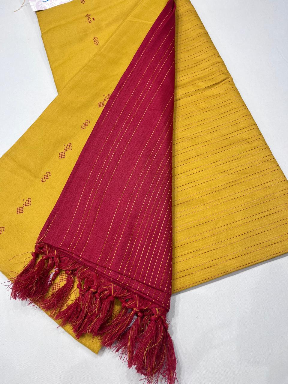 Mustard Yellow & Maroon Cotton Silk Unstitched Salwar Suit Set