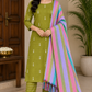 Olive Green Cotton Silk Salwar Suit Set with Multicolour Striped Dupatta