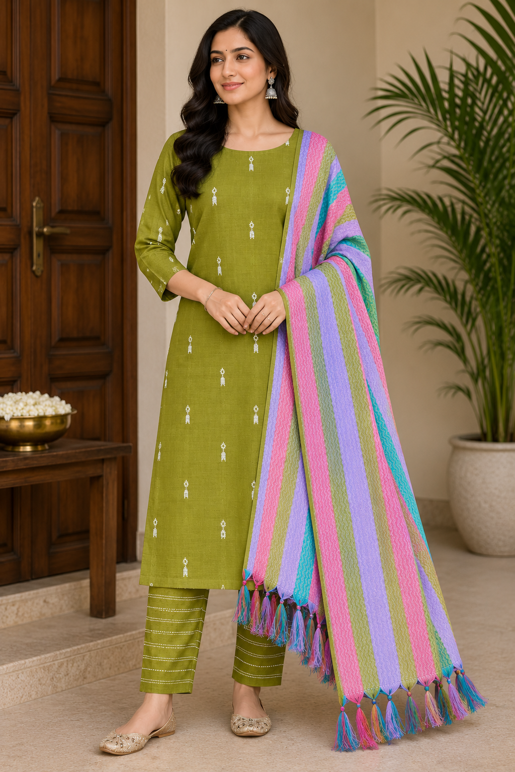 Olive Green Cotton Silk Salwar Suit Set with Multicolour Striped Dupatta