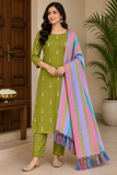 Olive Green Cotton Silk Salwar Suit Set with Multicolour Striped Dupatta