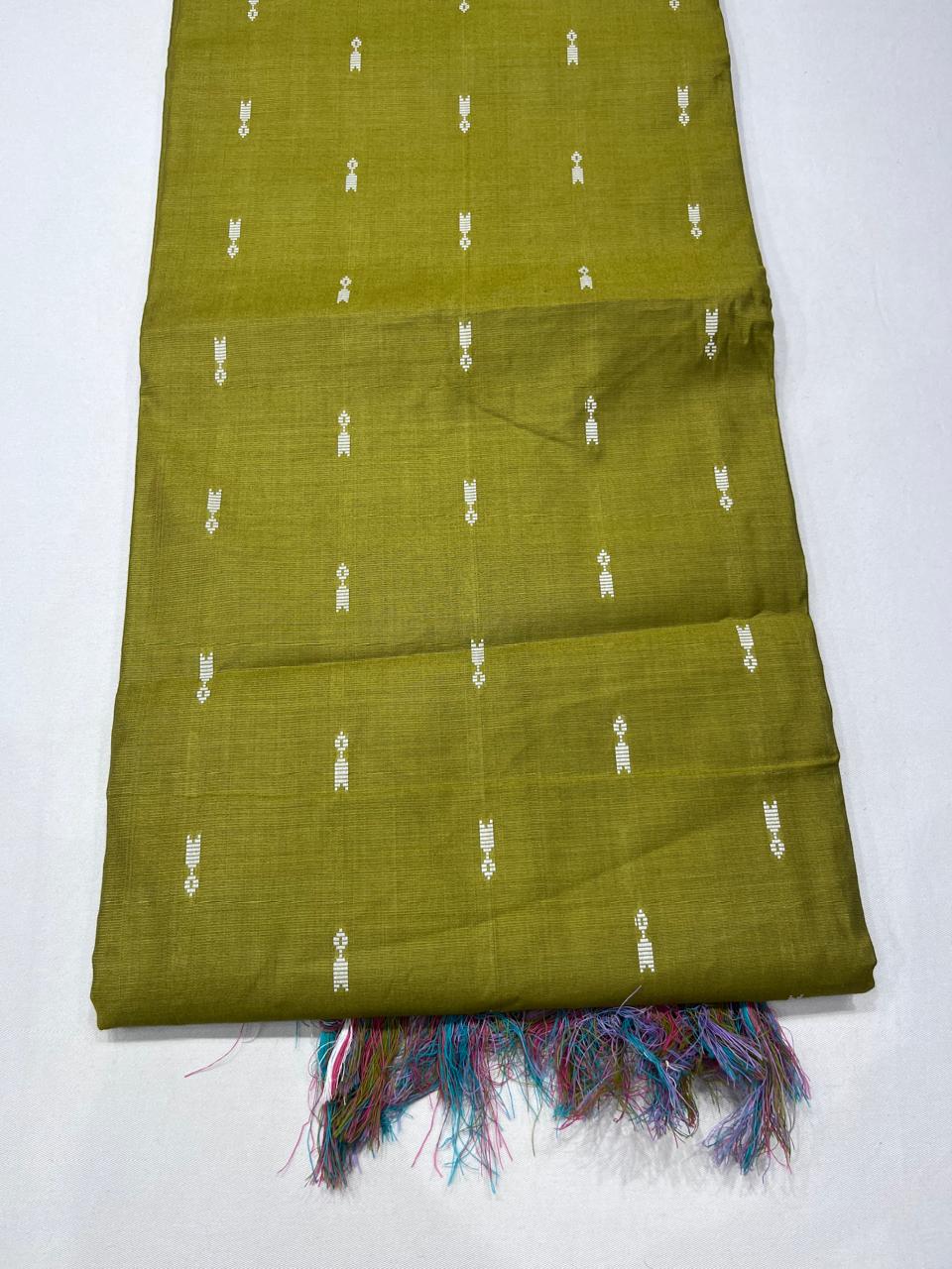 Olive Green Cotton Silk Salwar Suit Set with Multicolour Striped Dupatta