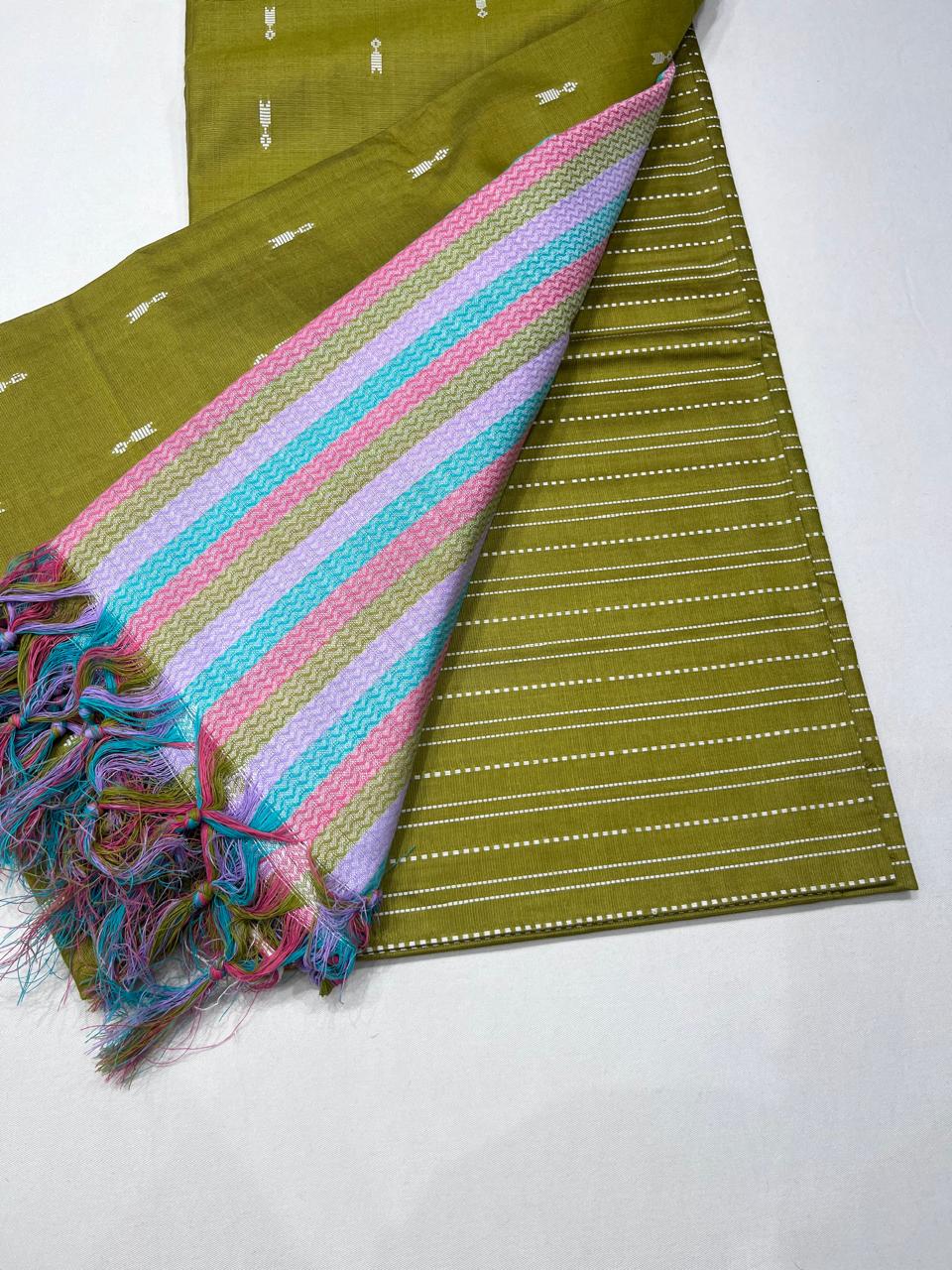 Olive Green Cotton Silk Salwar Suit Set with Multicolour Striped Dupatta