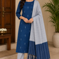 Navy Blue & Silver Grey Cotton Silk Salwar Suit Set