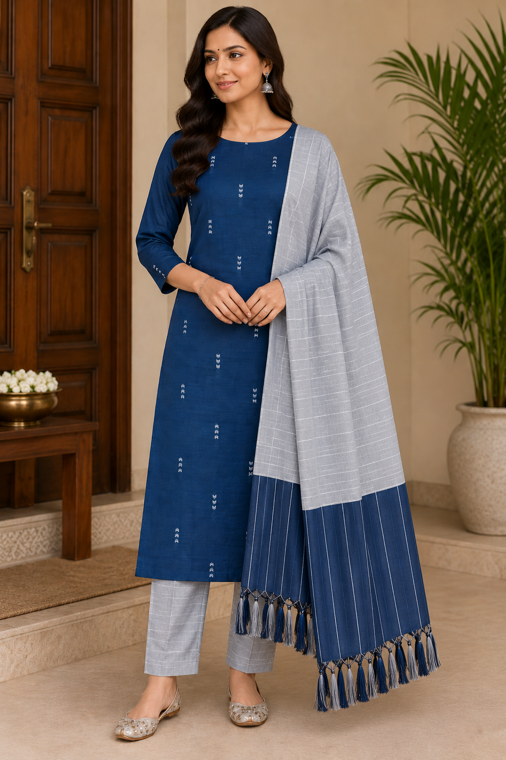 Navy Blue & Silver Grey Cotton Silk Salwar Suit Set