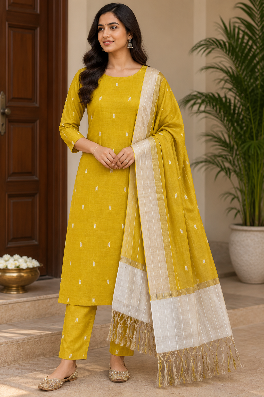Mustard Yellow Cotton Silk Salwar Suit with Ivory Border Dupatta