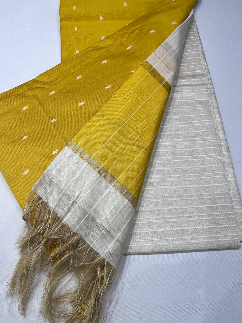 Mustard Yellow Cotton Silk Salwar Suit with Ivory Border Dupatta
