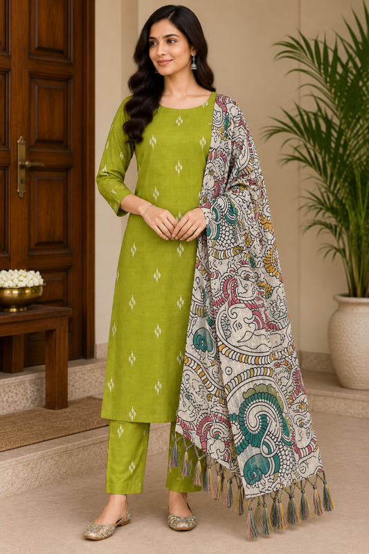 Olive Green Cotton Silk Salwar Suit with Kalamkari Printed Dupatta