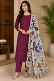 Wine Maroon Cotton Silk Suit Set with Ivory Kalamkari Dupatta
