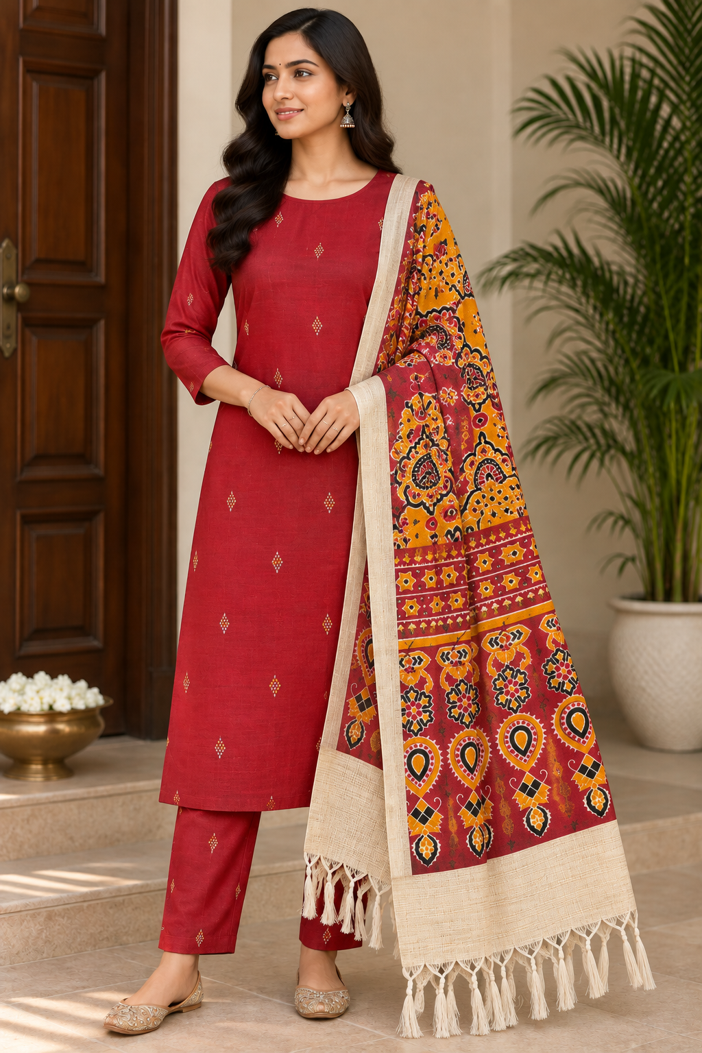 Rich Red Kalamkari Cotton Silk Salwar Suit Set