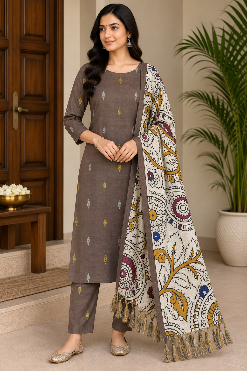 Mocha Brown Cotton Silk Salwar Suit with Kalamkari Dupatta