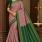 Mysore Silk Digital Crape-Mauve Pink Floral Mysore Semi Silk Saree with Bottle Green Zari Border