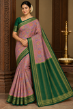 Mysore Silk Digital Crape-Mauve Pink Floral Mysore Semi Silk Saree with Bottle Green Zari Border