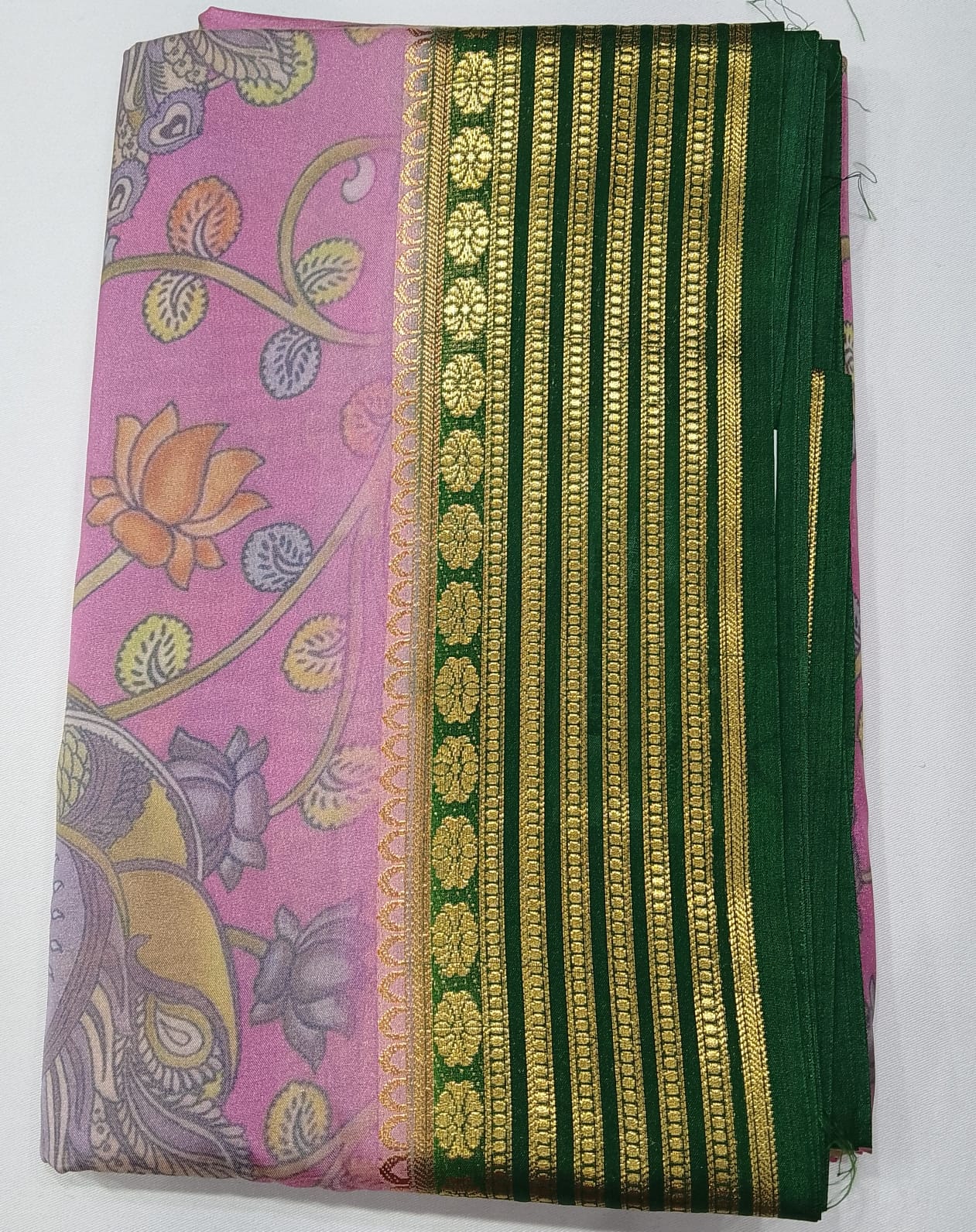 Mysore Silk Digital Crape-Mauve Pink Floral Mysore Semi Silk Saree with Bottle Green Zari Border