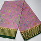 Mysore Silk Digital Crape-Mauve Pink Floral Mysore Semi Silk Saree with Bottle Green Zari Border