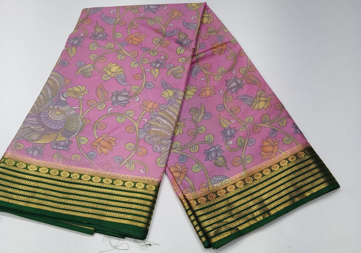 Mysore Silk Digital Crape-Mauve Pink Floral Mysore Semi Silk Saree with Bottle Green Zari Border