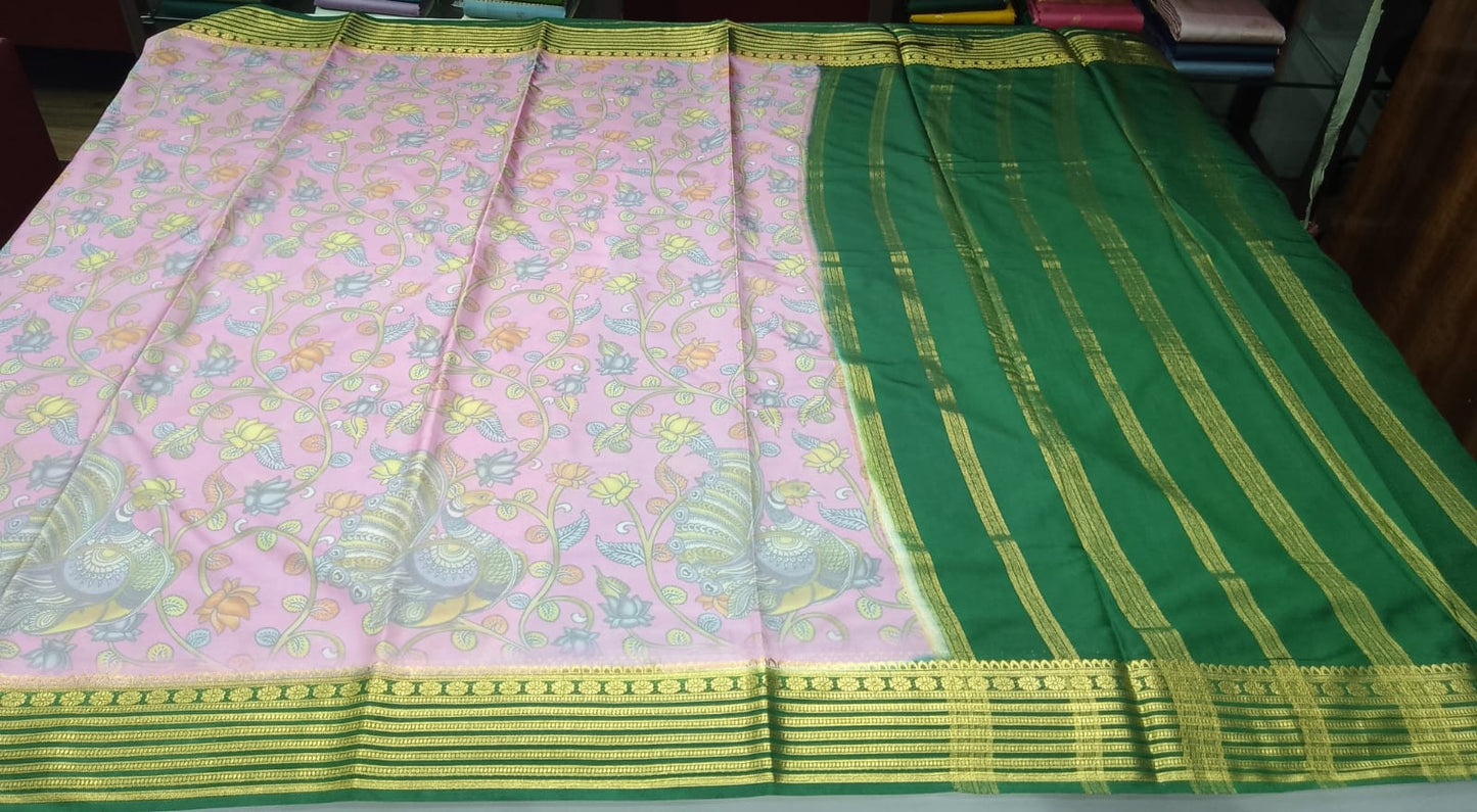 Mysore Silk Digital Crape-Mauve Pink Floral Mysore Semi Silk Saree with Bottle Green Zari Border
