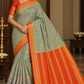 Mysore Silk Digital Crepe - Sage Green Floral Mysore Semi Silk Saree with Vermilion Orange Zari Pallu