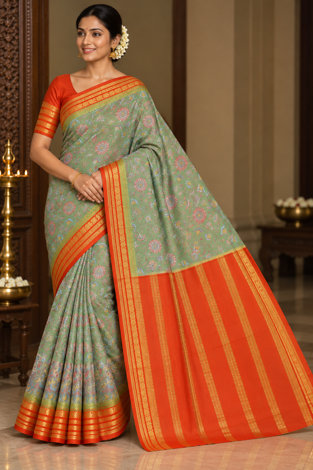 Mysore Silk Digital Crepe - Sage Green Floral Mysore Semi Silk Saree with Vermilion Orange Zari Pallu