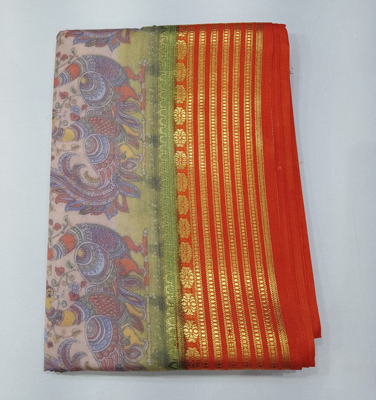 Mysore Silk Digital Crepe - Sage Green Floral Mysore Semi Silk Saree with Vermilion Orange Zari Pallu