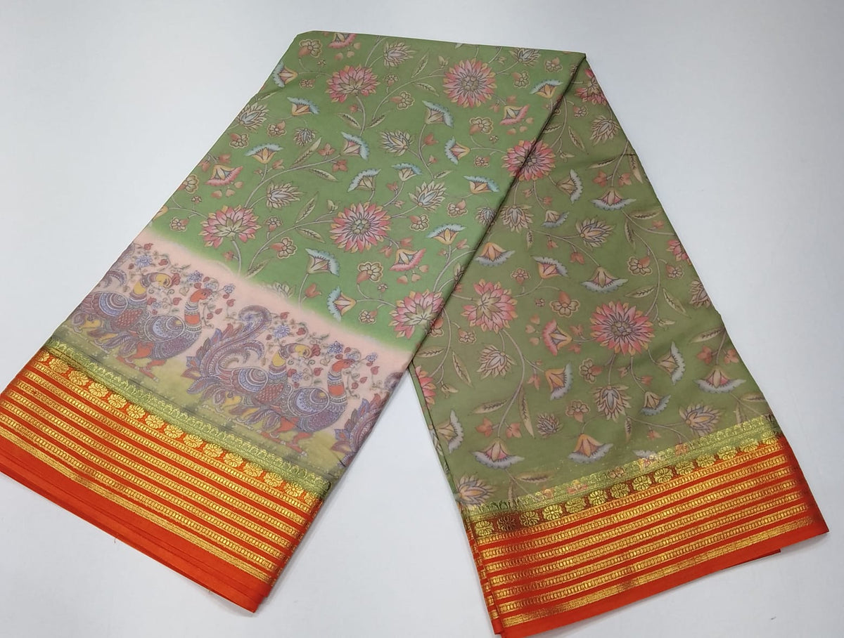 Mysore Silk Digital Crepe - Sage Green Floral Mysore Semi Silk Saree with Vermilion Orange Zari Pallu