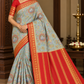 Mysore Silk Digital Crepe - Powder Blue Mysore Semi Silk Saree with Vermilion Red Pallu & Antique Gold Zari