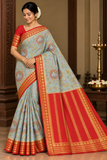 Mysore Silk Digital Crepe - Powder Blue Mysore Semi Silk Saree with Vermilion Red Pallu & Antique Gold Zari