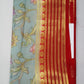 Mysore Silk Digital Crepe - Powder Blue Mysore Semi Silk Saree with Vermilion Red Pallu & Antique Gold Zari