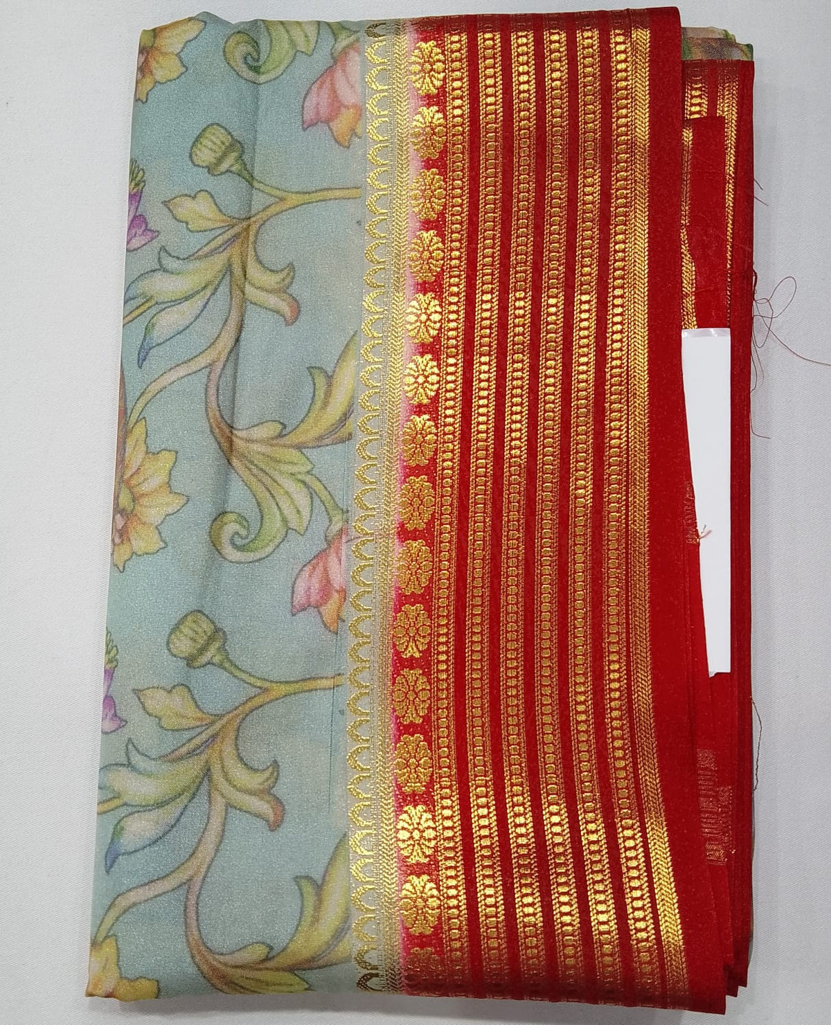 Mysore Silk Digital Crepe - Powder Blue Mysore Semi Silk Saree with Vermilion Red Pallu & Antique Gold Zari