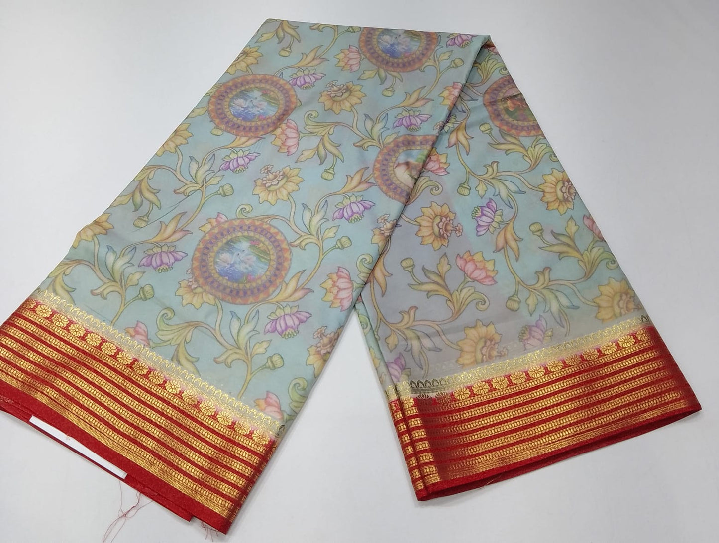 Mysore Silk Digital Crepe - Powder Blue Mysore Semi Silk Saree with Vermilion Red Pallu & Antique Gold Zari