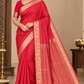 Mysore Semi Silk - Bright Red Mysore Semi Silk Saree with Antique Gold Floral Zari Border