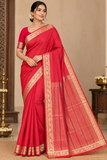 Mysore Semi Silk - Bright Red Mysore Semi Silk Saree with Antique Gold Floral Zari Border