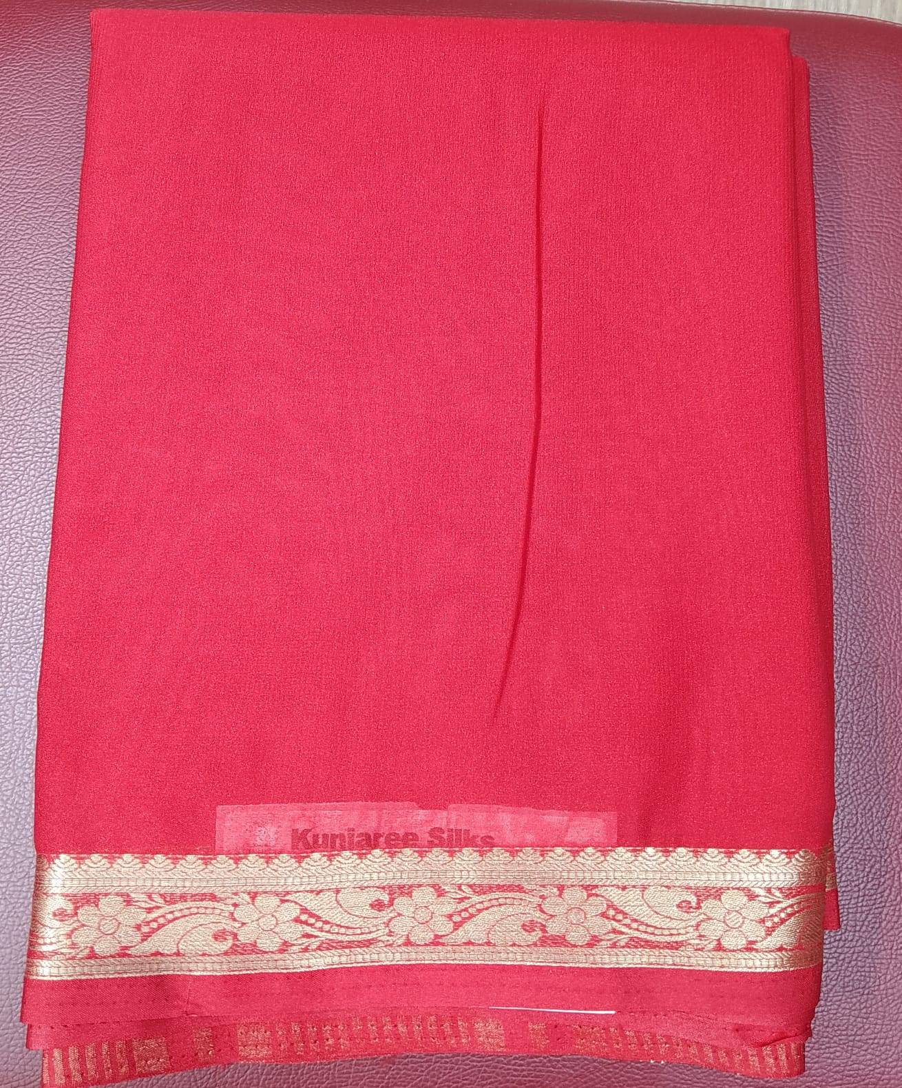 Mysore Semi Silk - Bright Red Mysore Semi Silk Saree with Antique Gold Floral Zari Border