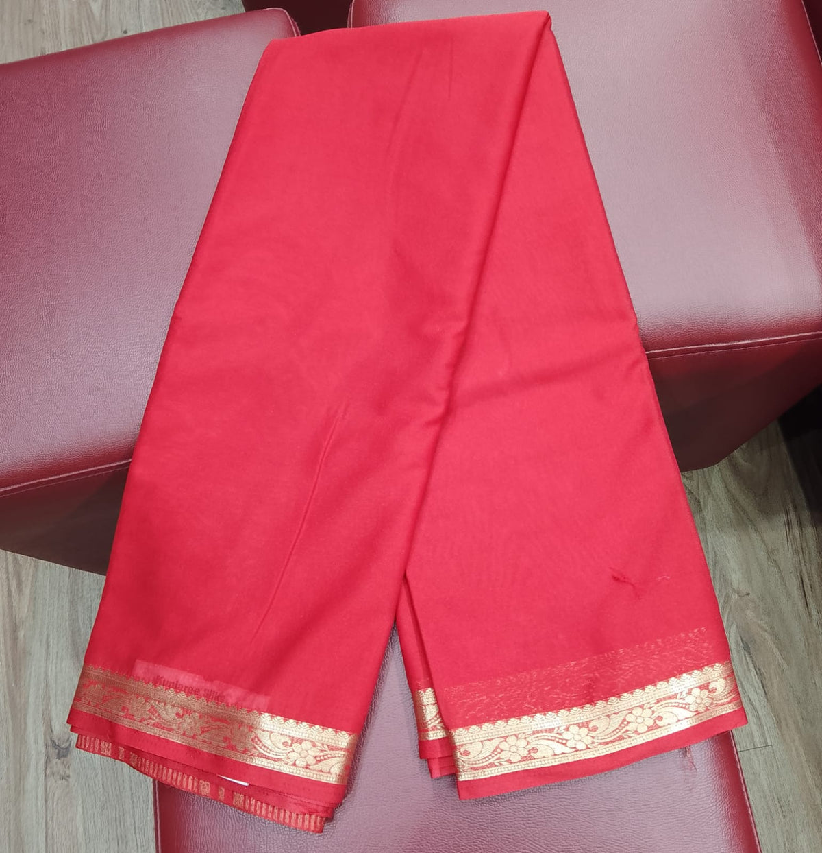 Mysore Semi Silk - Bright Red Mysore Semi Silk Saree with Antique Gold Floral Zari Border