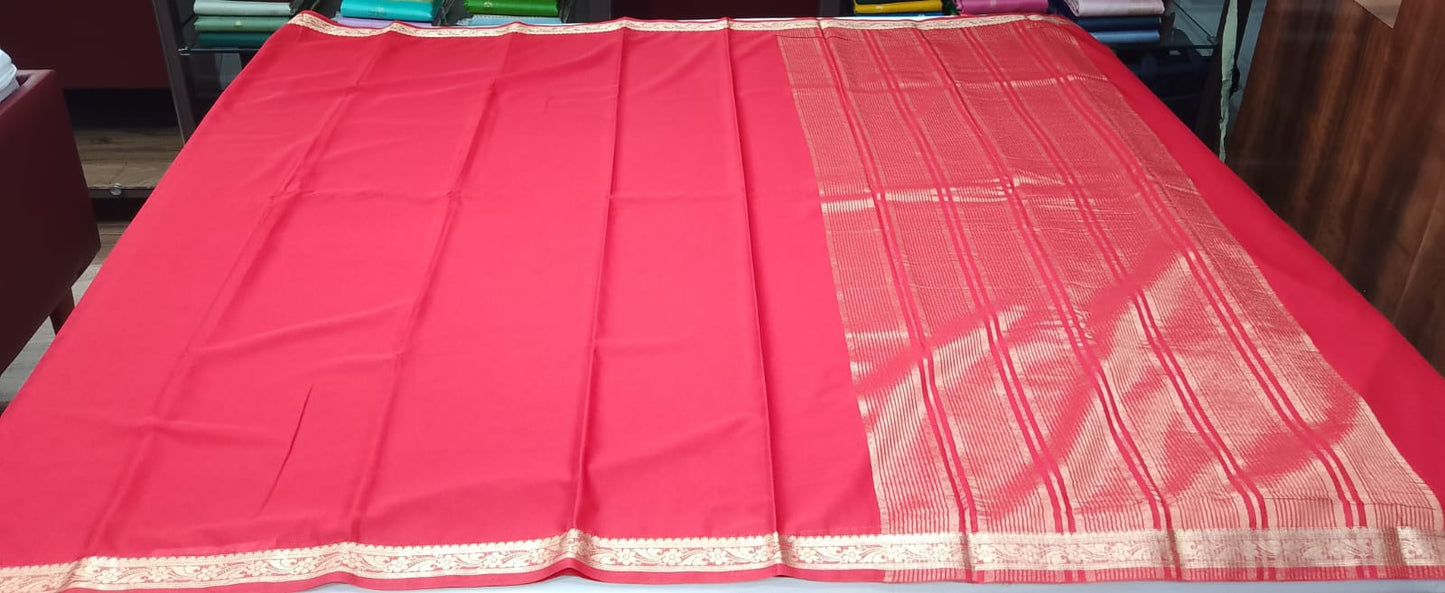 Mysore Semi Silk - Bright Red Mysore Semi Silk Saree with Antique Gold Floral Zari Border