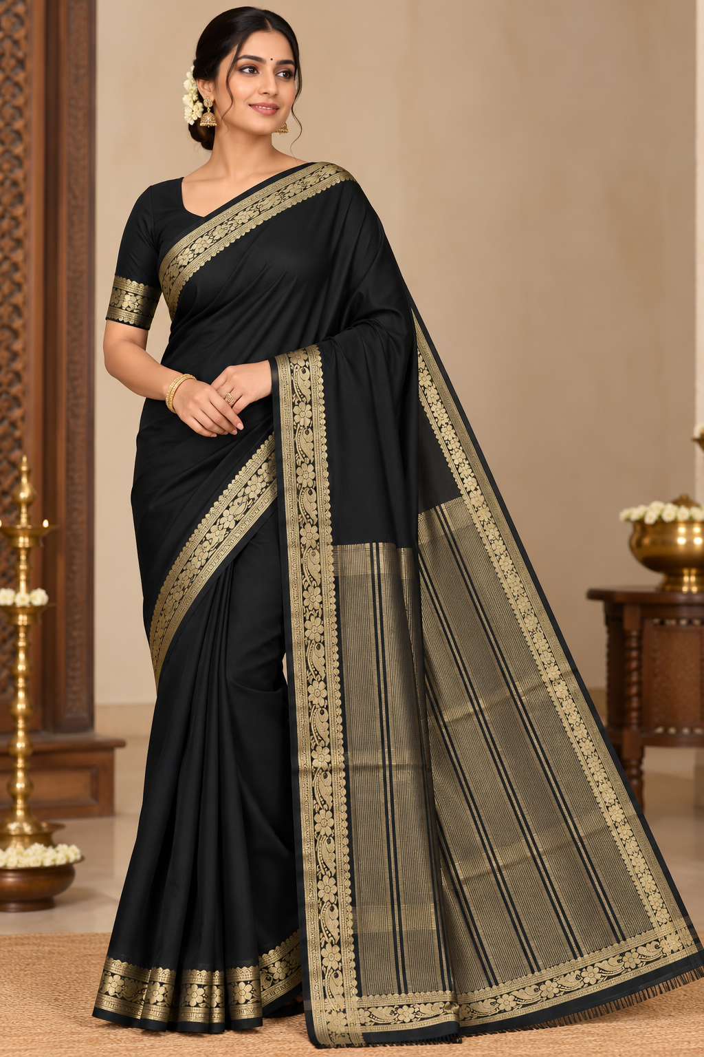 Black Mysore Semi Silk Saree with Antique Gold Floral Zari Border