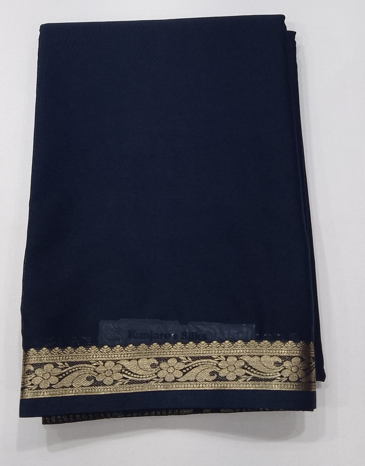 Black Mysore Semi Silk Saree with Antique Gold Floral Zari Border