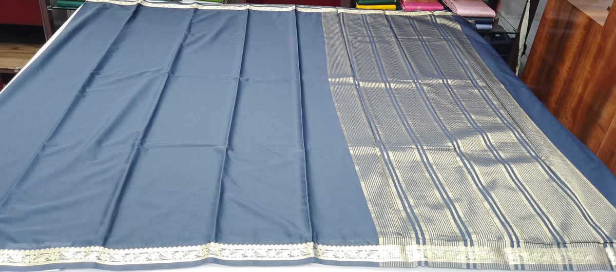 Black Mysore Semi Silk Saree with Antique Gold Floral Zari Border