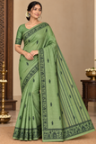 Tussar Semi Silk- Sage Green Tussar Semi Silk Saree with Traditional Black Folk Motif Border