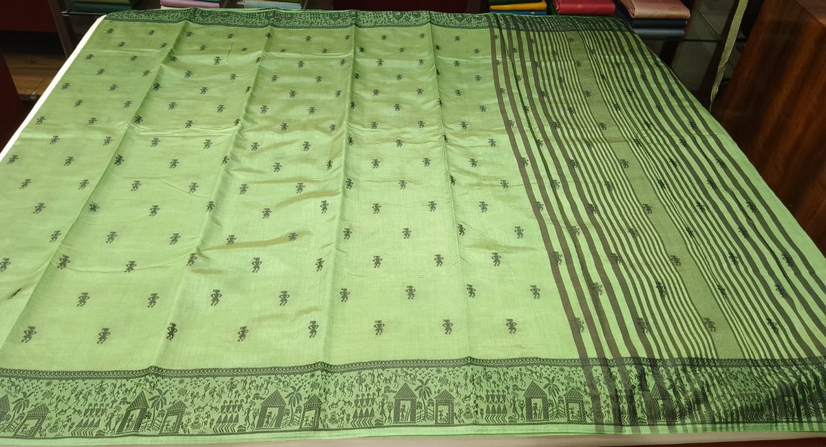 Tussar Semi Silk- Sage Green Tussar Semi Silk Saree with Traditional Black Folk Motif Border