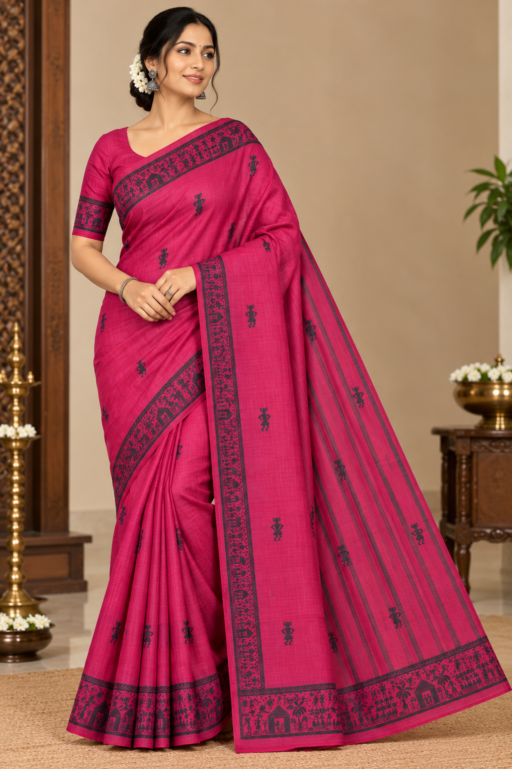 Tussar Semi Silk - Fuchsia Pink Tussar Semi Silk Saree with Charcoal Black Tribal Woven Border