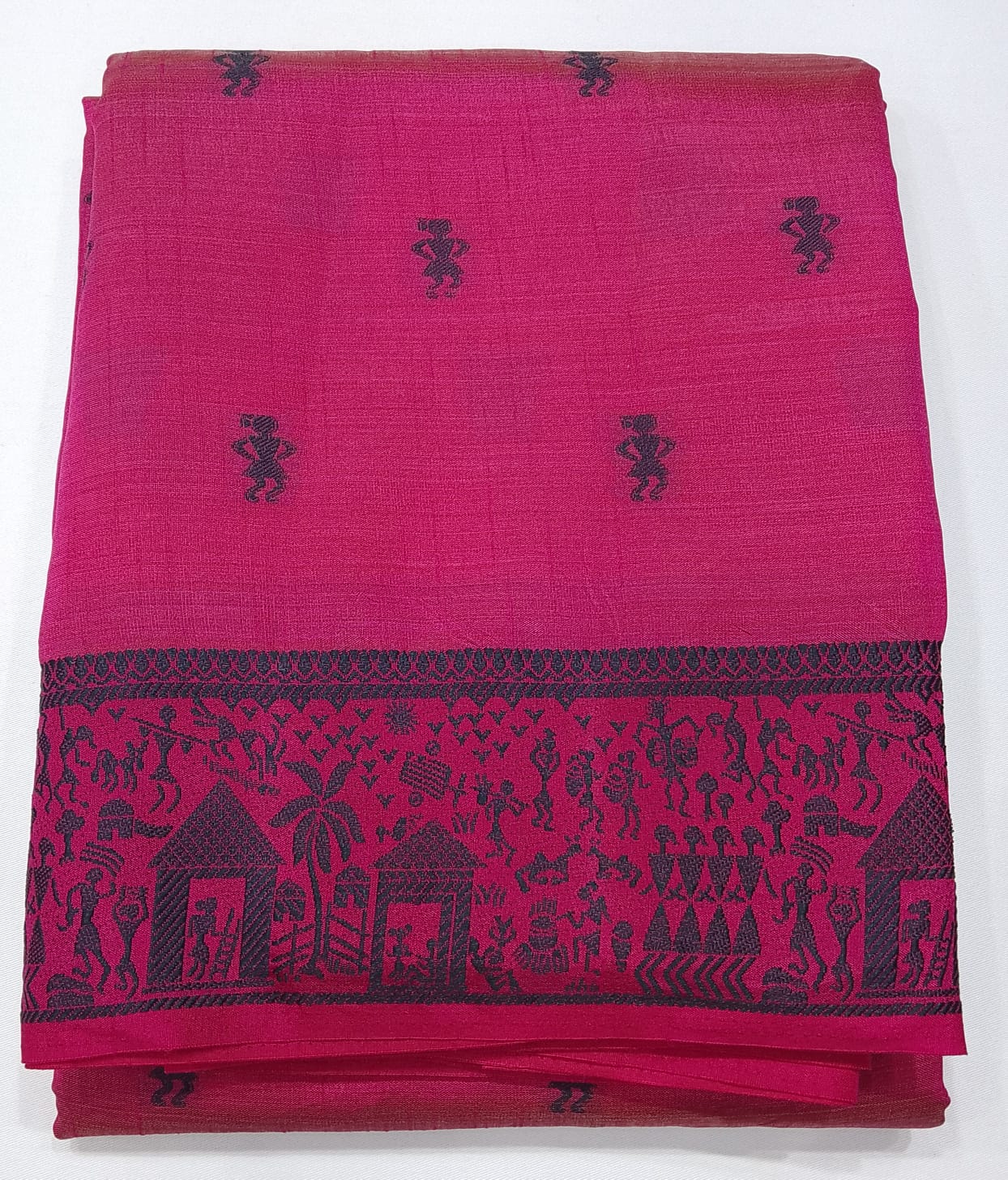 Tussar Semi Silk - Fuchsia Pink Tussar Semi Silk Saree with Charcoal Black Tribal Woven Border