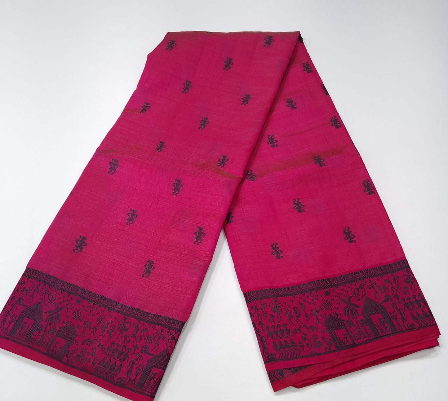 Tussar Semi Silk - Fuchsia Pink Tussar Semi Silk Saree with Charcoal Black Tribal Woven Border