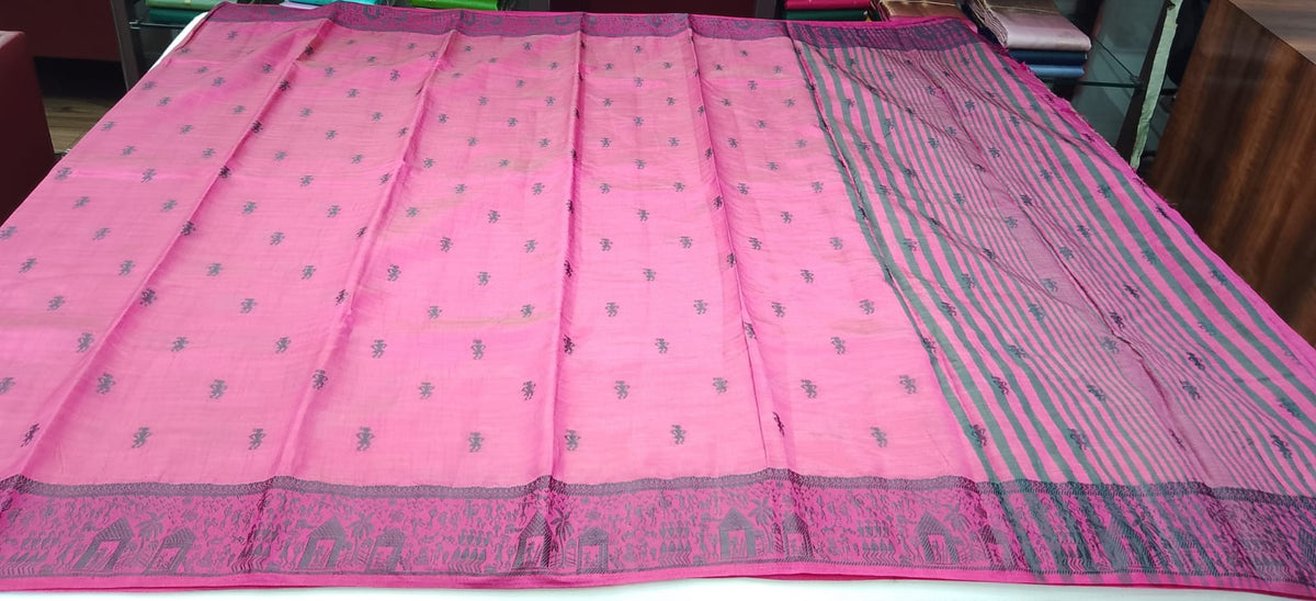 Tussar Semi Silk - Fuchsia Pink Tussar Semi Silk Saree with Charcoal Black Tribal Woven Border