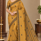 Tussar Semi Silk - Mustard Gold Tussar Semi Silk Saree with Charcoal Tribal Motif Border