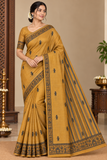 Tussar Semi Silk - Mustard Gold Tussar Semi Silk Saree with Charcoal Tribal Motif Border