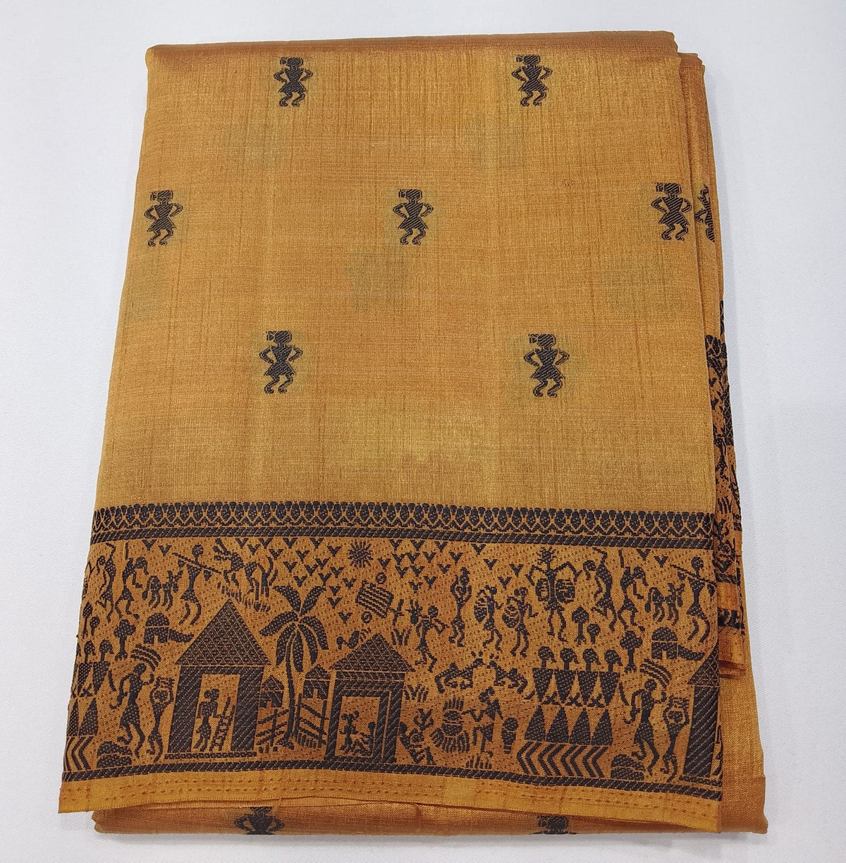 Tussar Semi Silk - Mustard Gold Tussar Semi Silk Saree with Charcoal Tribal Motif Border
