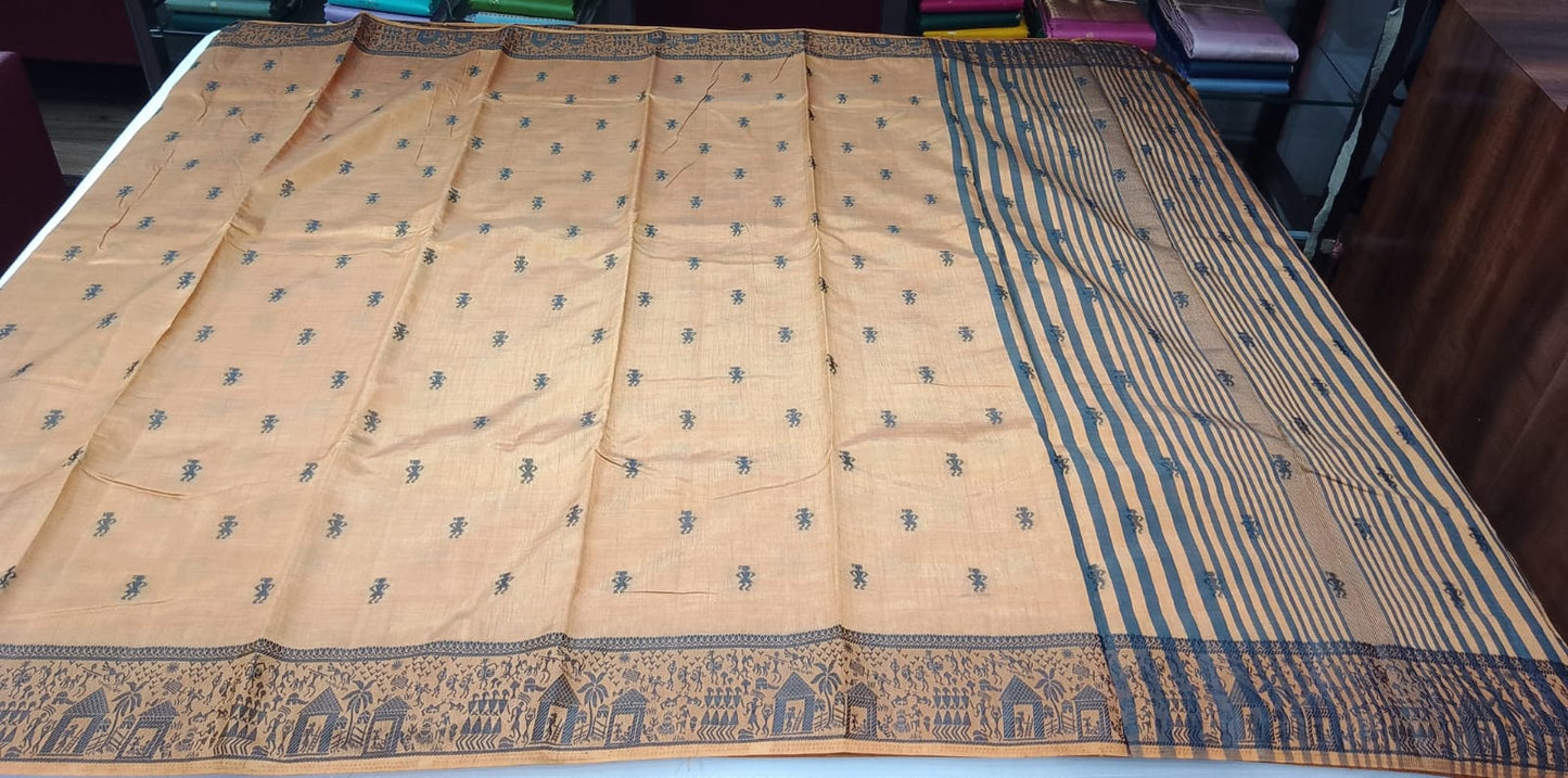 Tussar Semi Silk - Mustard Gold Tussar Semi Silk Saree with Charcoal Tribal Motif Border