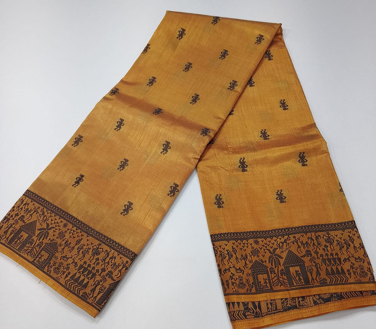 Tussar Semi Silk - Mustard Gold Tussar Semi Silk Saree with Charcoal Tribal Motif Border