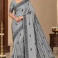 Tussar Semi Silk - Silver Grey Tussar Semi Silk Saree with Charcoal Tribal Art Border