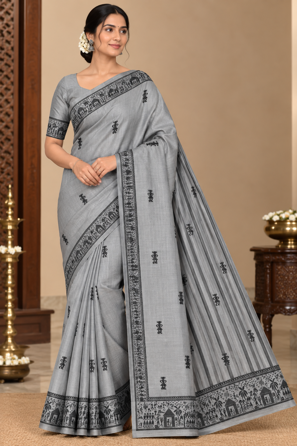 Tussar Semi Silk - Silver Grey Tussar Semi Silk Saree with Charcoal Tribal Art Border